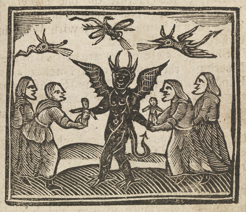 Depiction of the Devil giving magic puppets to witches, from Agnes Sampson trial, 1591.